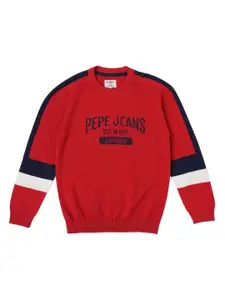 Pepe Jeans Boys Red & Black Typography Colourblocked Sweater Vest