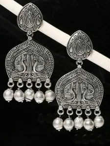 OOMPH Silver-Toned Peacock Shaped Drop Earrings