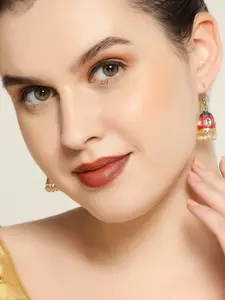OOMPH Red & Gold-Toned Contemporary Jhumkas Earrings