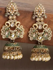 OOMPH Golden & Green Peacock Shaped Jhumka Earrings