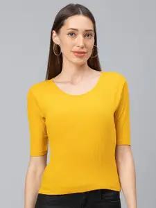 Globus Women Mustard Yellow Solid Round Neck T-shirt