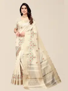 SERONA FABRICS White Floral Embroidered Silk Cotton Saree
