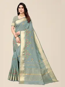 SERONA FABRICS Turquoise Blue & Gold-Toned Embellished Embroidered Silk Cotton Saree