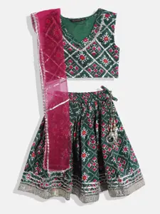 Readiprint Girls Green & Magenta Embellished Ready to Wear Lehenga & Blouse With Dupatta