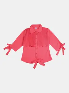 V-Mart Pink Girls Solid Moss Crepe Shirt Collar Top
