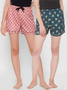 FashionRack Pack of 2 Women Green & Brown Printed Cotton Lounge Shorts