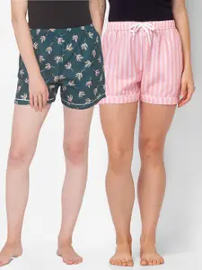 FashionRack Women Green & Pink 2 Printed Lounge Shorts