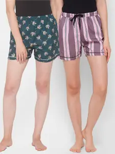 FashionRack Women Green & Pink 2 Printed Lounge Shorts