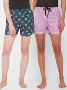 FashionRack Women Teal & Pink Pack of 2 Printed Lounge Shorts