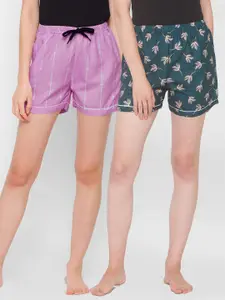 FashionRack Women Teal & Purple Pack of 2 Printed Lounge Shorts