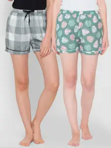 FashionRack Pack of 2 Women Green & Grey Printed Cotton Lounge Shorts