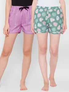 FashionRack Women Green & Purple 2 Printed Lounge Shorts