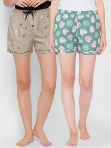 FashionRack Women Pack of 2  Green & Beige Printed Lounge Shorts