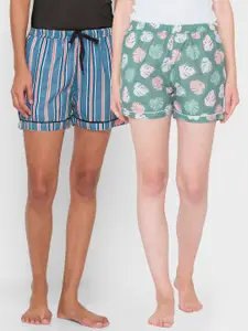 FashionRack Women  Pack of 2 Green & Navy Blue Printed Lounge Shorts