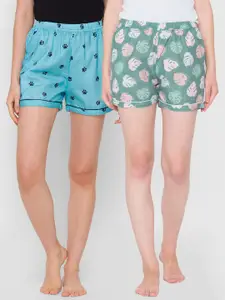 FashionRack Women Green & Blue Set of 2 Printed Lounge Shorts