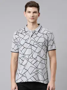 Kryptic Men Grey Melange Printed Polo Collar Monochrome T-shirt