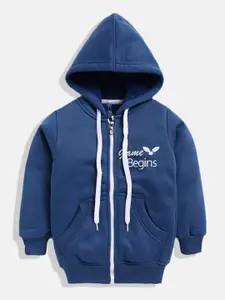GAME BEGINS Boys Navy Blue & White Pure Cotton Brand Logo Print Hooded Sweatshirt