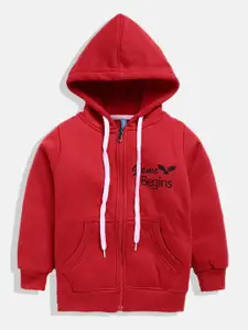 GAME BEGINS Boys Red & Black Pure Cotton Brand Logo Print Hooded Sweatshirt