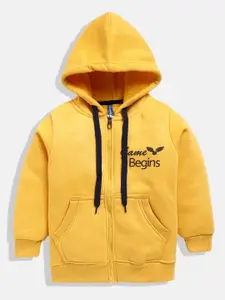 GAME BEGINS Boys Yellow & Navy Blue Pure Cotton Brand Logo Print Hooded Sweatshirt