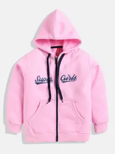 GAME BEGINS Girls Pink & Navy-Blue Pure Cotton Typography Printed Hooded Sweatshirt
