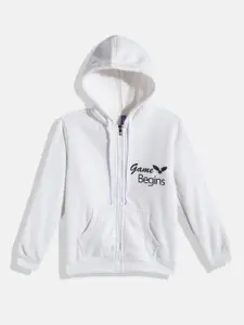 GAME BEGINS Boys White & Black Pure Cotton Brand Logo Printed Hooded Sweatshirt