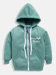 GAME BEGINS Boys Sage Green & White Pure Cotton Brand Logo Print Hooded Sweatshirt