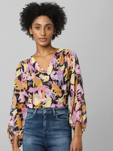 ONLY Women Black & Pink Floral Printed Wrap Top