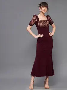 Miss Chase Wine Bodycon Midi Lace Dress