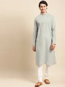 RAJUBHAI HARGOVINDAS Men Grey Embroidered Chikankari Pure Cotton Kurta with Pyjamas