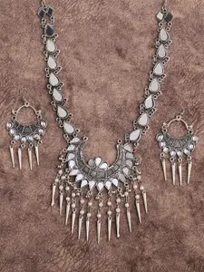 VENI Pack of Silver-Plated Oxidised Necklace With Earrings
