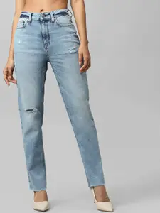 ONLY UNIQUE COLLECTION Women Blue Straight Fit High-Rise Slash Knee Heavy Fade Denim Jeans