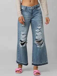 ONLY Women Blue Wide Leg Highly Distressed Light Fade Jeans