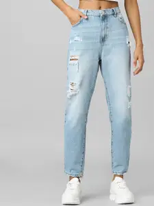ONLY Women Blue High-Rise Highly Distressed Light Fade Jeans