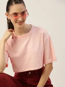 DressBerry Women Peach-Coloured Solid Pure Cotton Drop-Shoulder Sleeves Crop T-shirt