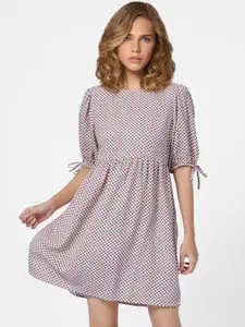 ONLY Off White & Blue Red Geometric Printed Fit & Flare Dress