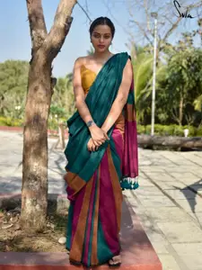 Suta Women Green & Pink Colourblocked Pure Cotton Saree