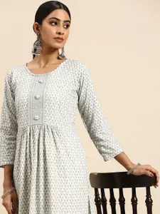all about you Women Grey & Silver-Toned Ethnic Motifs Embroidered Thread Work Floral Kurta