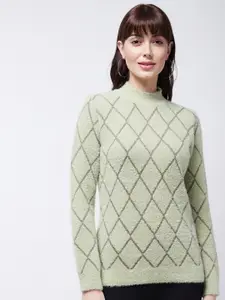 Modeve Women Green & Grey Checked Checked Pullover