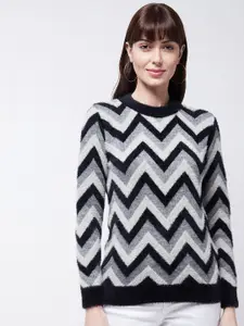 Modeve Women Black & Grey Printed Pullover with Fuzzy Detail