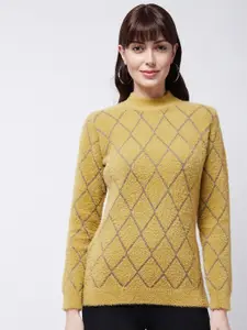 Modeve Women Mustard Checked Checked Pullover