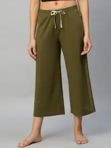 Chemistry Women Olive Green Solid Wide Leg Cropped Lounge Pant