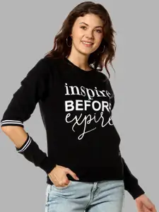 Campus Sutra Women Black Printed Cotton Pullover Sweatshirt