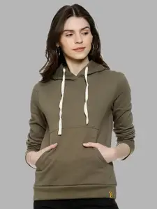 Campus Sutra Women Olive Green Hooded Cotton Sweatshirt