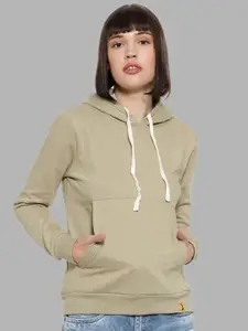 Campus Sutra Women Olive Solid Hooded Sweatshirt