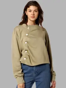 Campus Sutra Women Olive Green Solid Front Side Button Sweatshirt