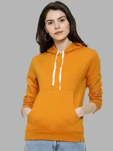 Campus Sutra Women Mustard Hooded Cotton Sweatshirt