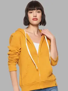 Campus Sutra Women Mustard Hooded Front Open Sweatshirt