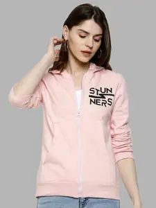 Campus Sutra Women Pink & Black Printed Hooded Sweatshirt