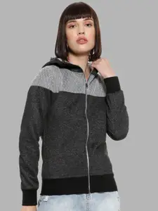 Campus Sutra Women Charcoal Colourblocked Hooded Cotton Sweatshirt
