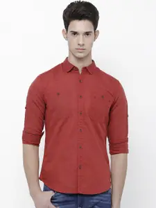 LOCOMOTIVE Men Rust Red Slim Fit Solid Casual Shirt